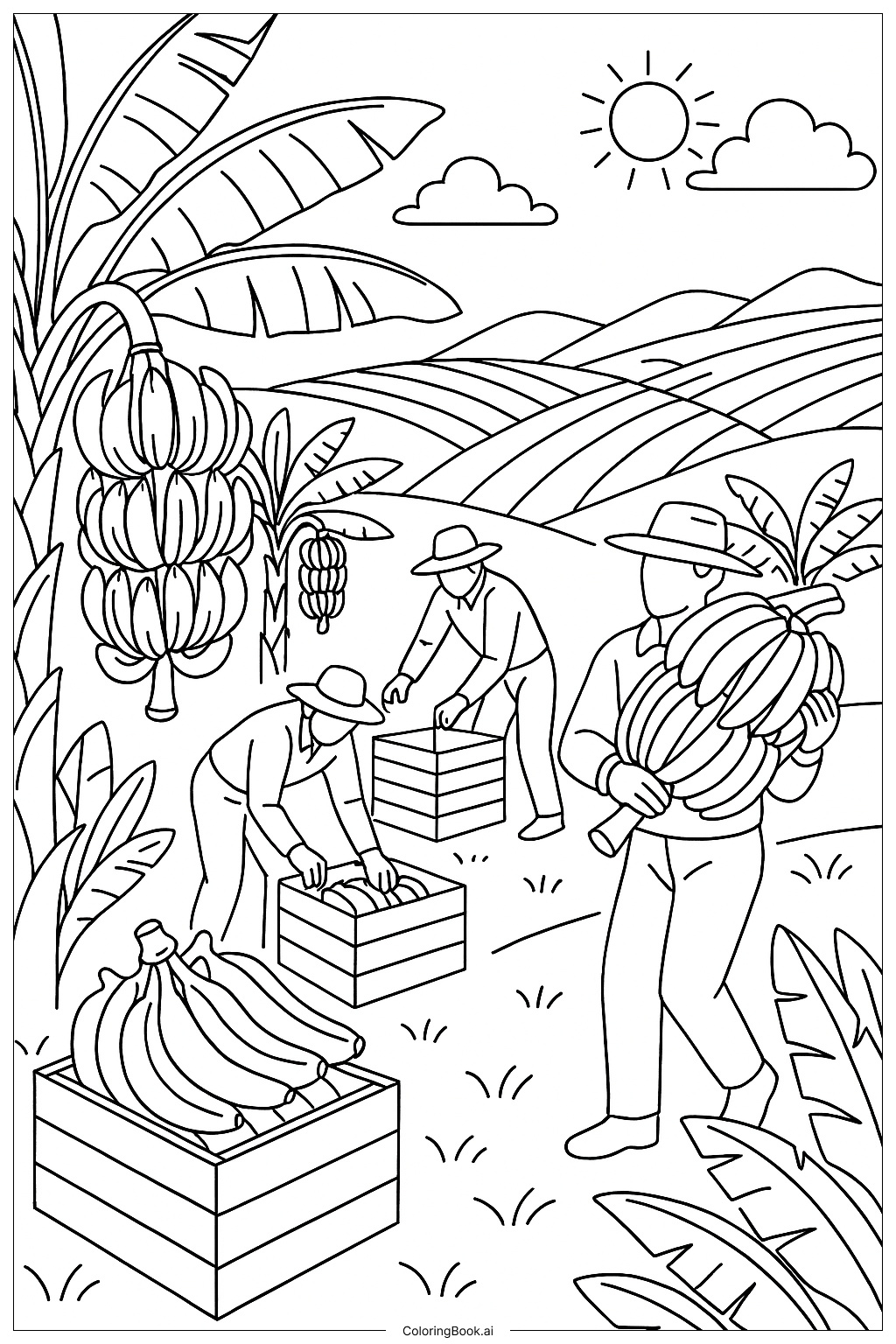  香蕉农场收获场景填色页 