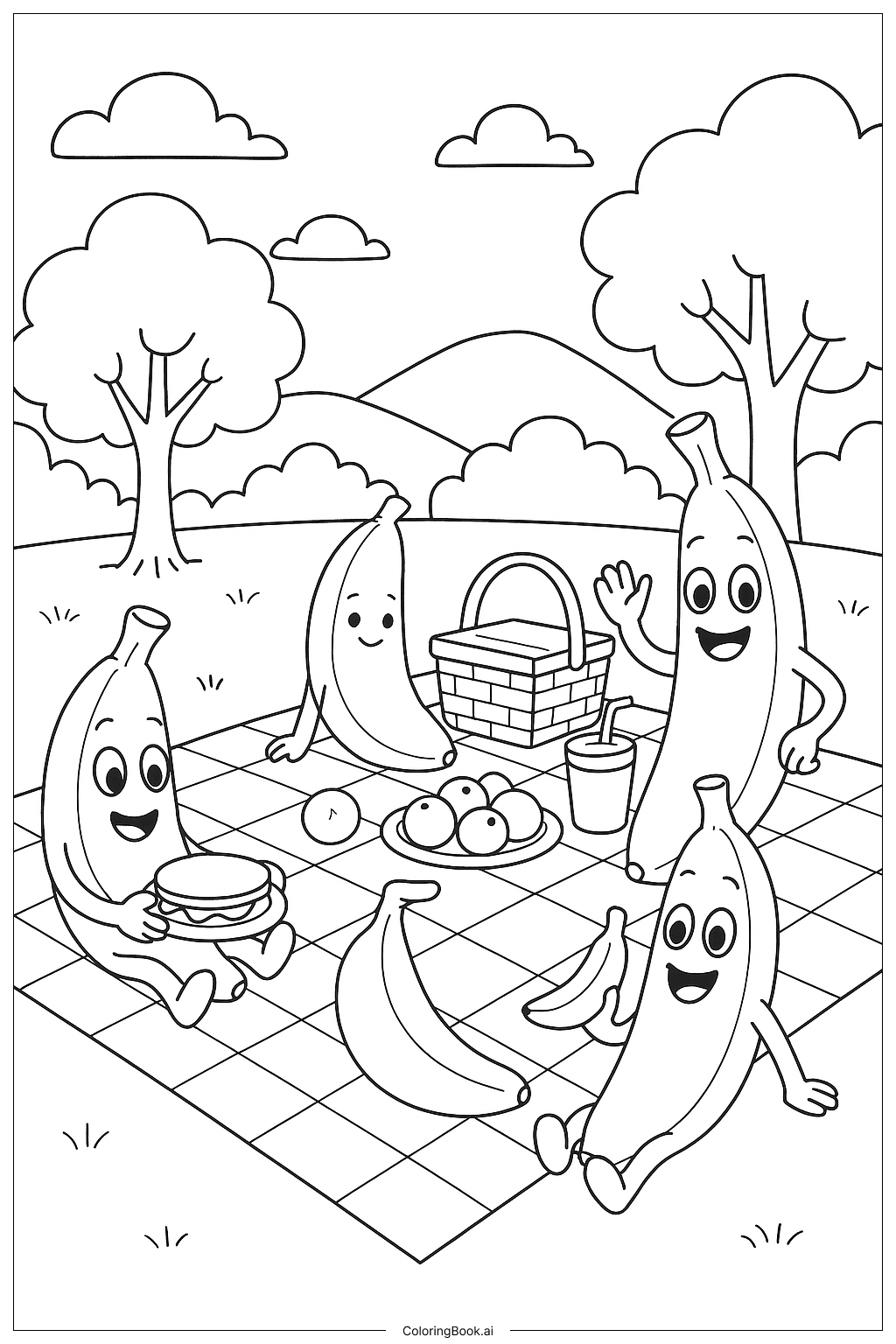  Banana Picnic With Friends Coloring Page 