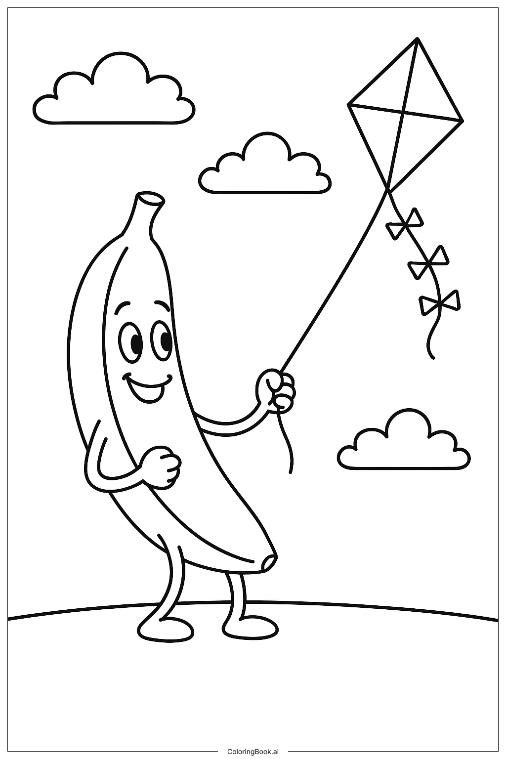  凧を持ったバナナの塗り絵ページ 