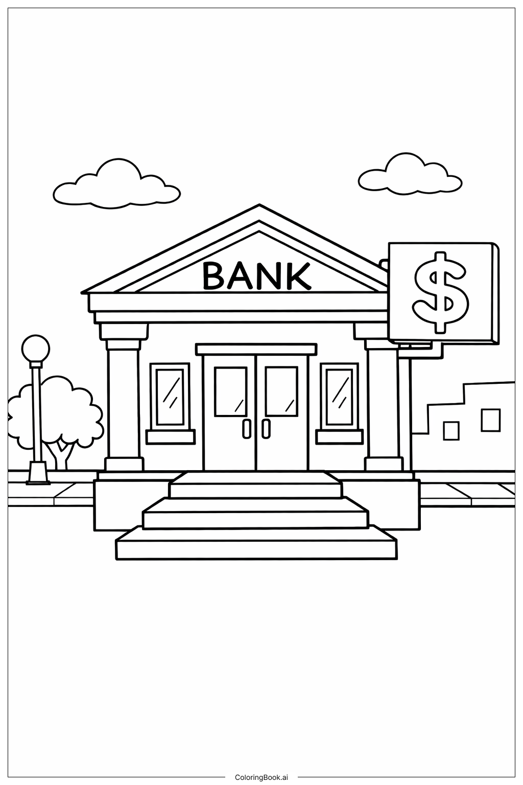  银行大楼与金钱填色页 