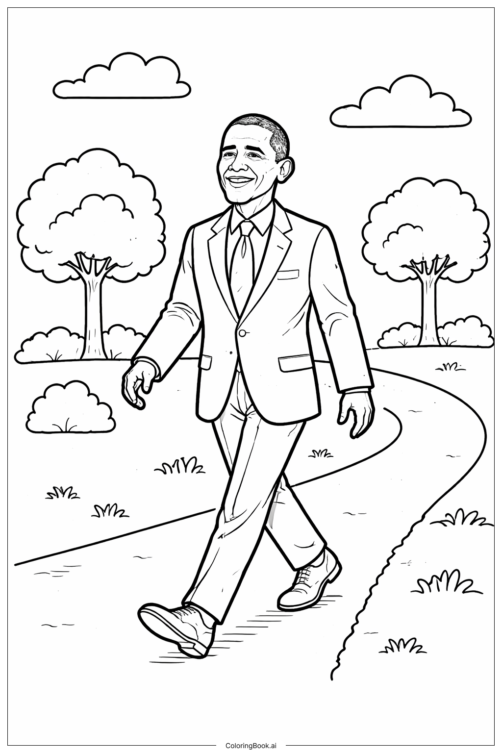  공원을 걷는 버락 오바마 색칠공부 페이지 