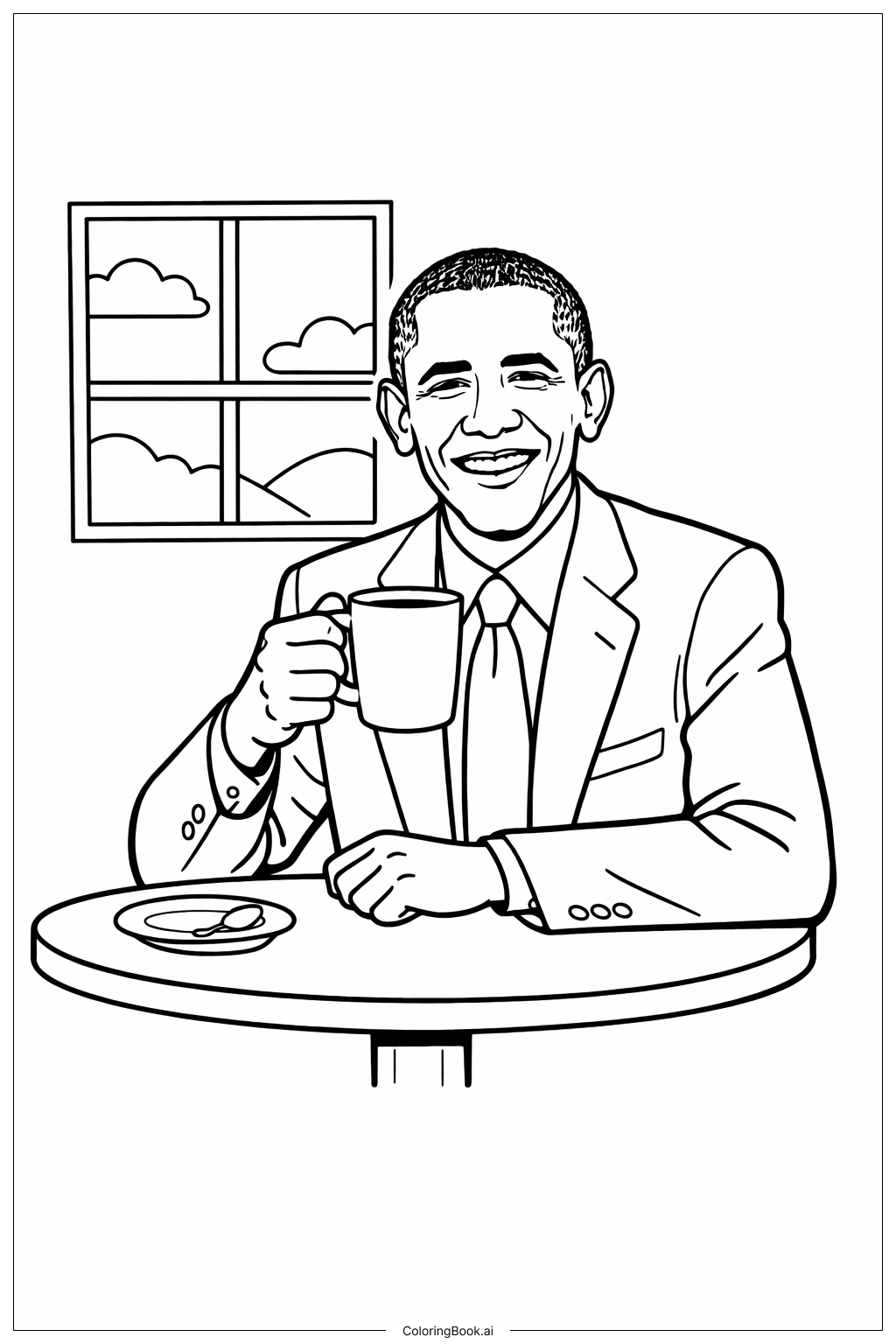  Page de coloriage Barack Obama avec une tasse de café 
