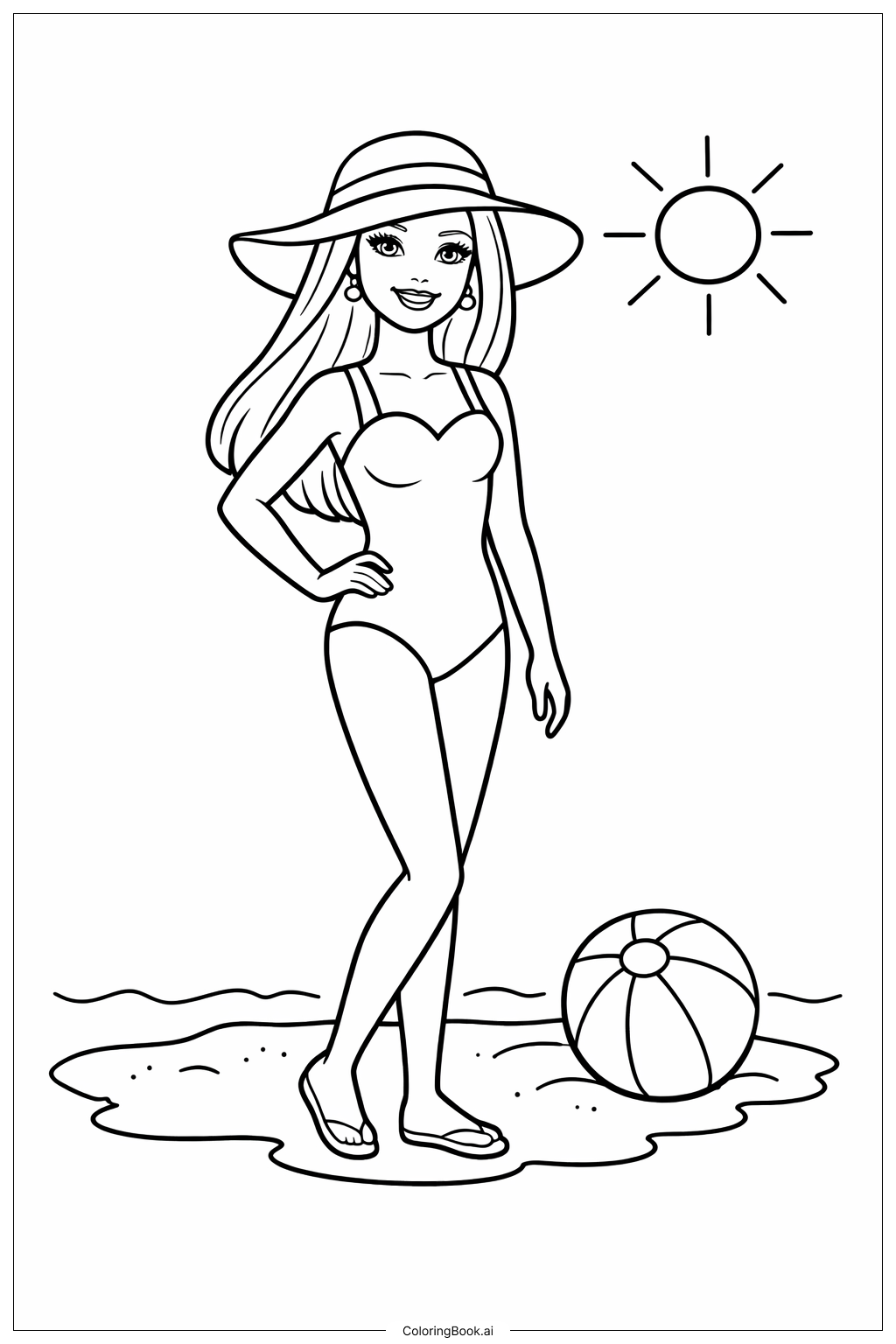  Página para colorear de Muñeca Barbie en la Playa 