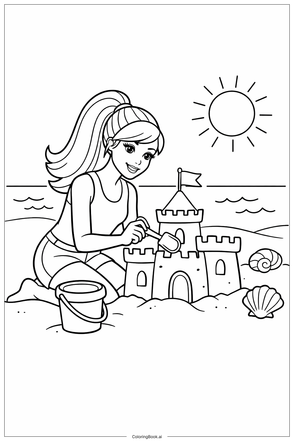  바비 인형이 모래성 쌓기 색칠공부 페이지 