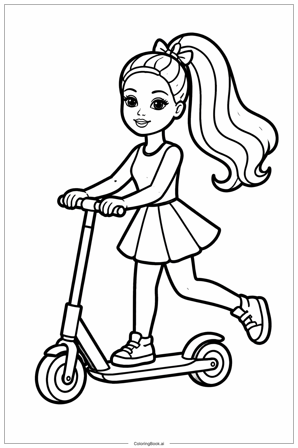  Página para colorear de Muñeca Barbie montando un patinete 