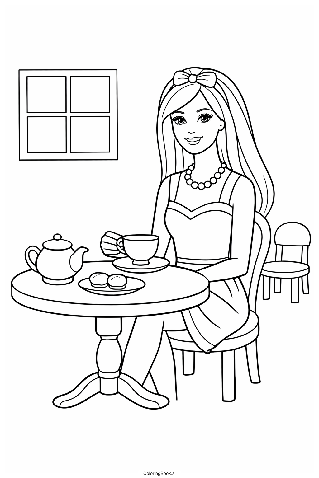  バービードールのお茶会の塗り絵ページ 