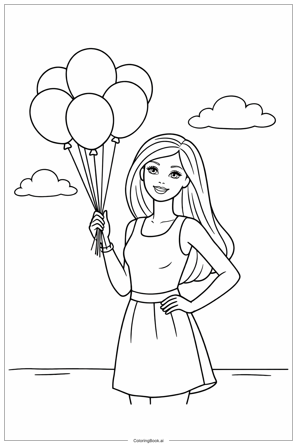  拿著氣球的芭比娃娃著色頁 