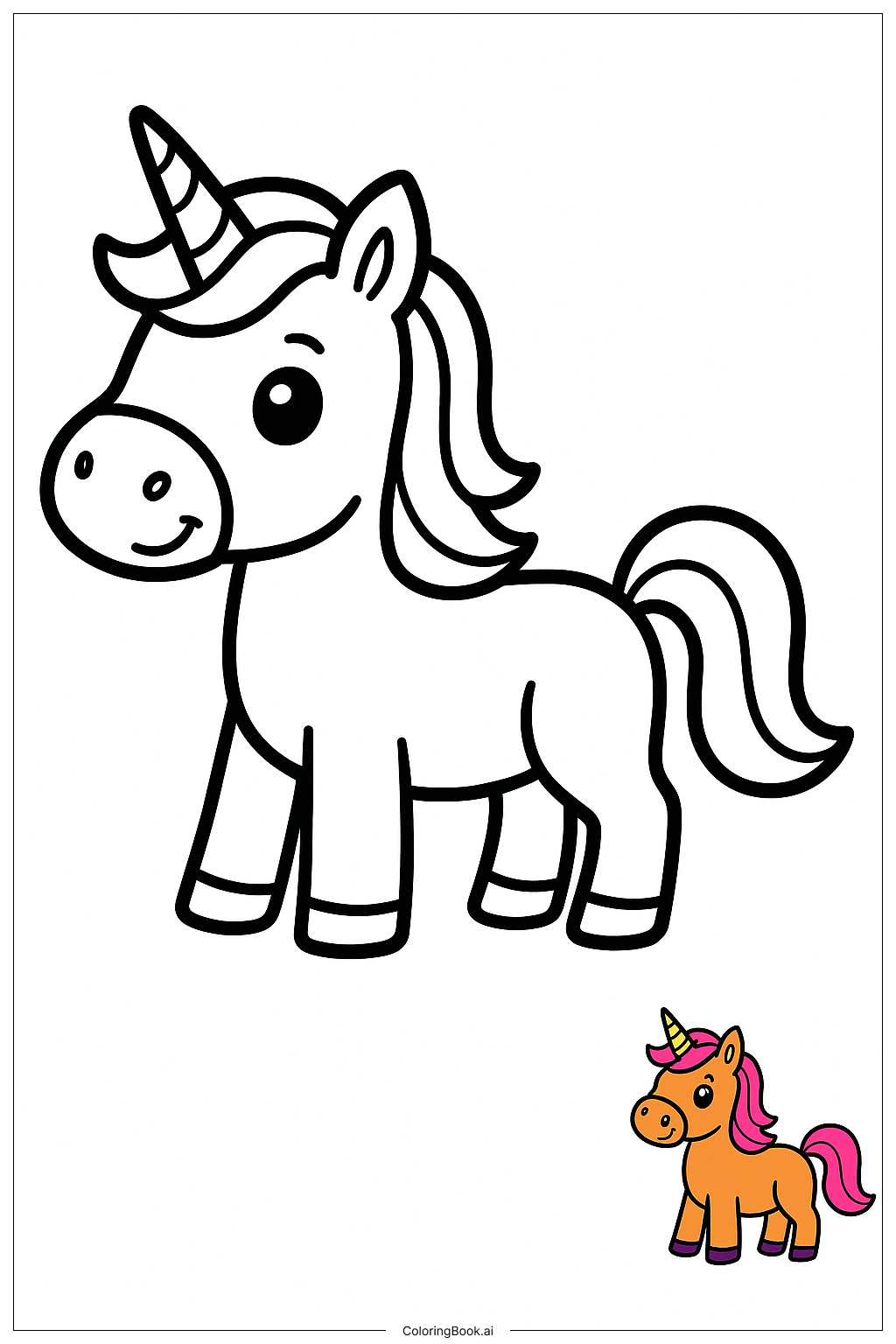  ユニコーンの角のある馬のファンタジーデザインの塗り絵ページ 