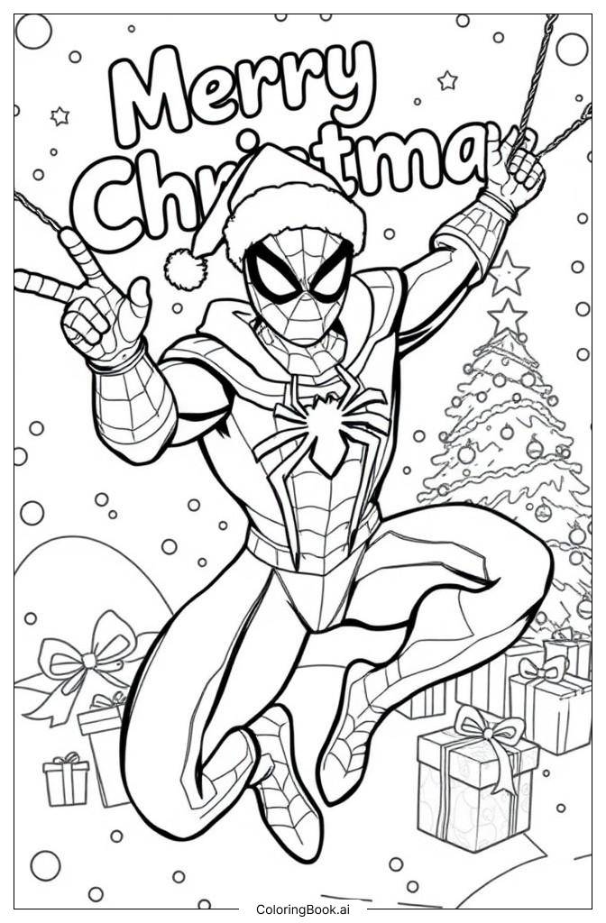  Página para colorir de Homem-Aranha com árvore de Natal 