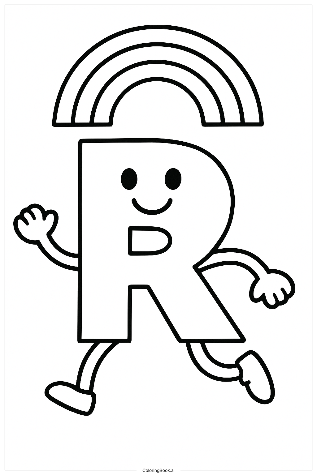  달리는 알파벳 R과 무지개 색칠공부 페이지 