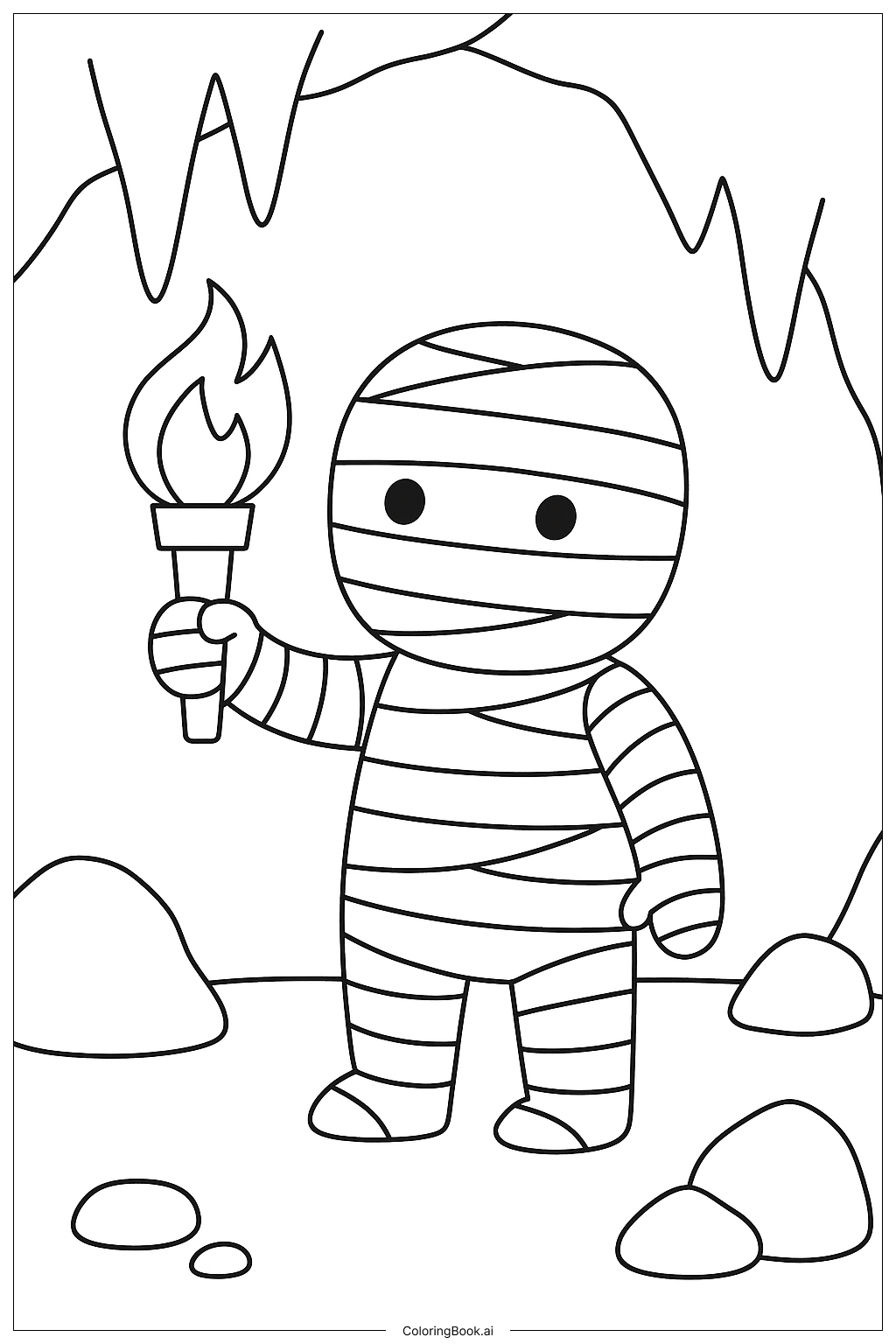  Mummy Holding A Torch In A Cave Coloring Page 