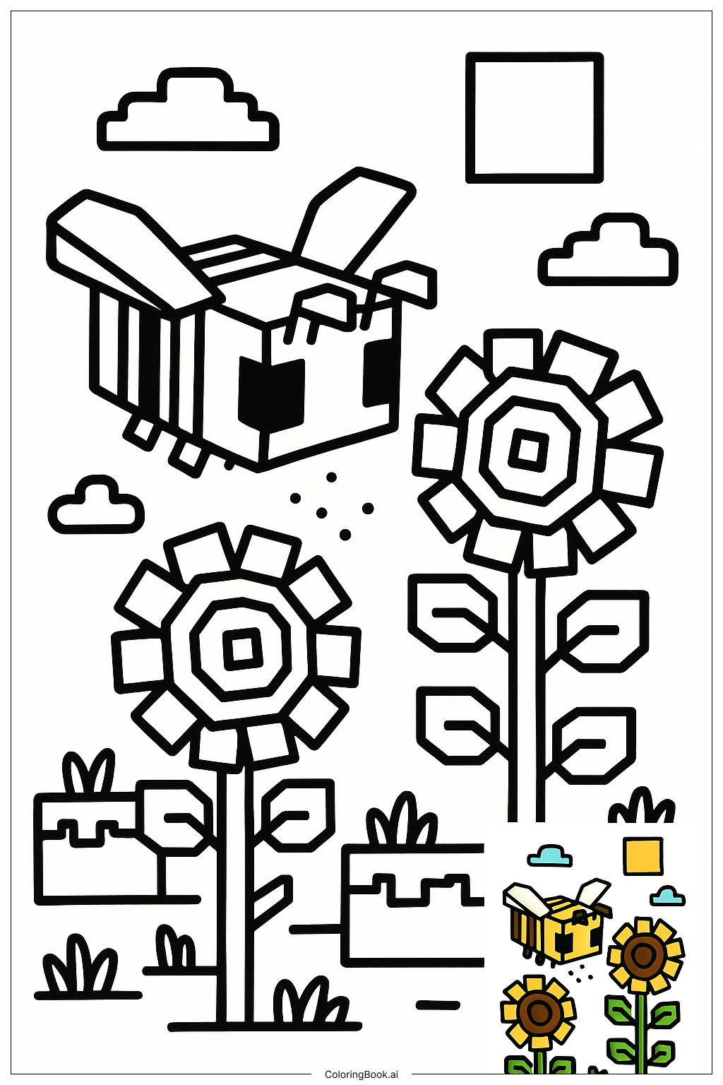 Minecraft 蜜蜂採蜜向日葵著色頁