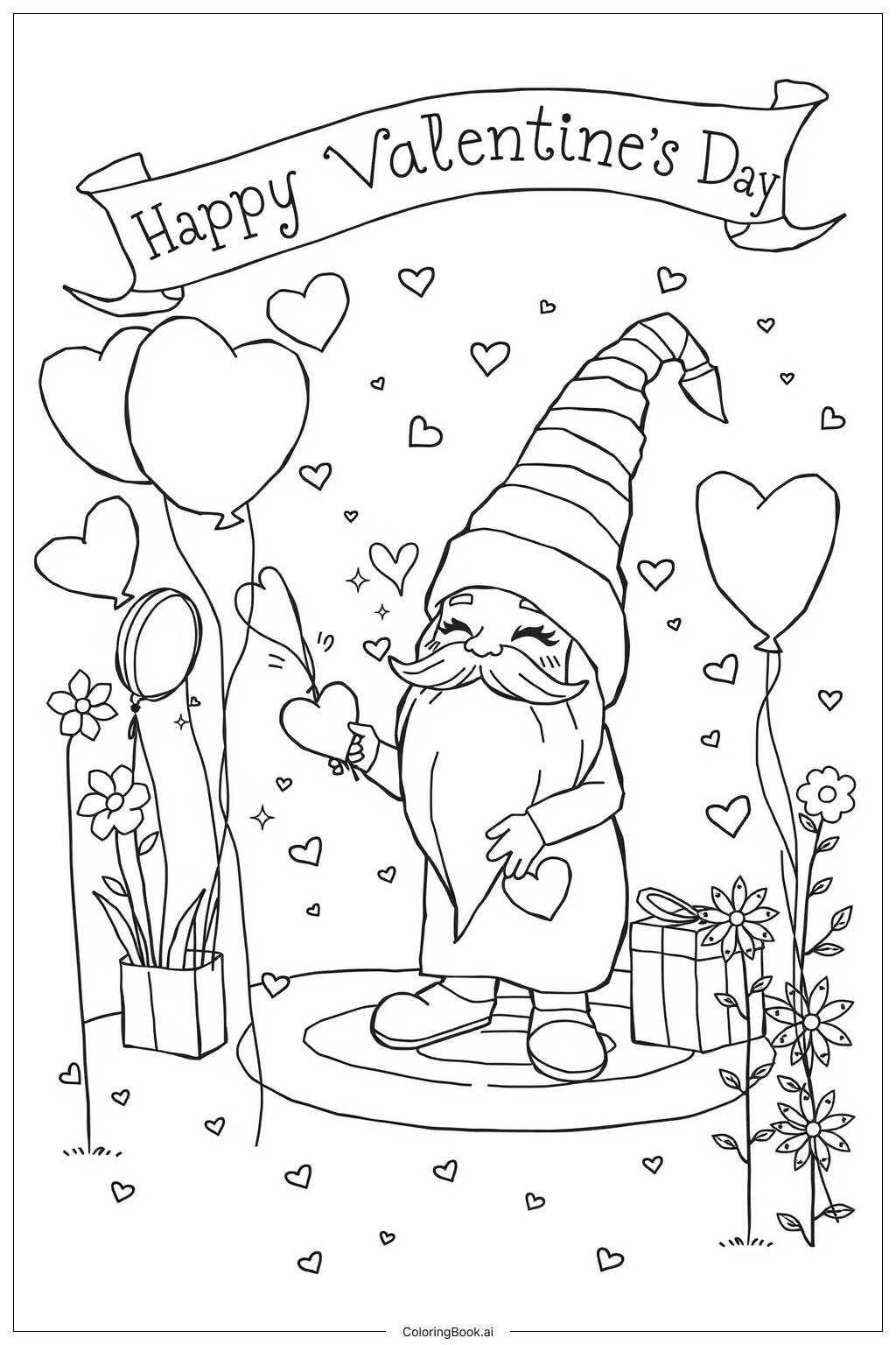  Page de coloriage Gnome de la Saint-Valentin Amour Magique 'Joyeuse Saint-Valentin' 