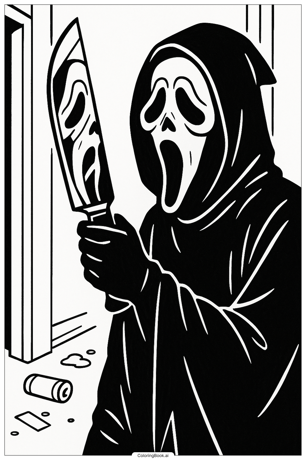  Página para colorear de Reflejo de Ghostface en la hoja de un cuchillo 