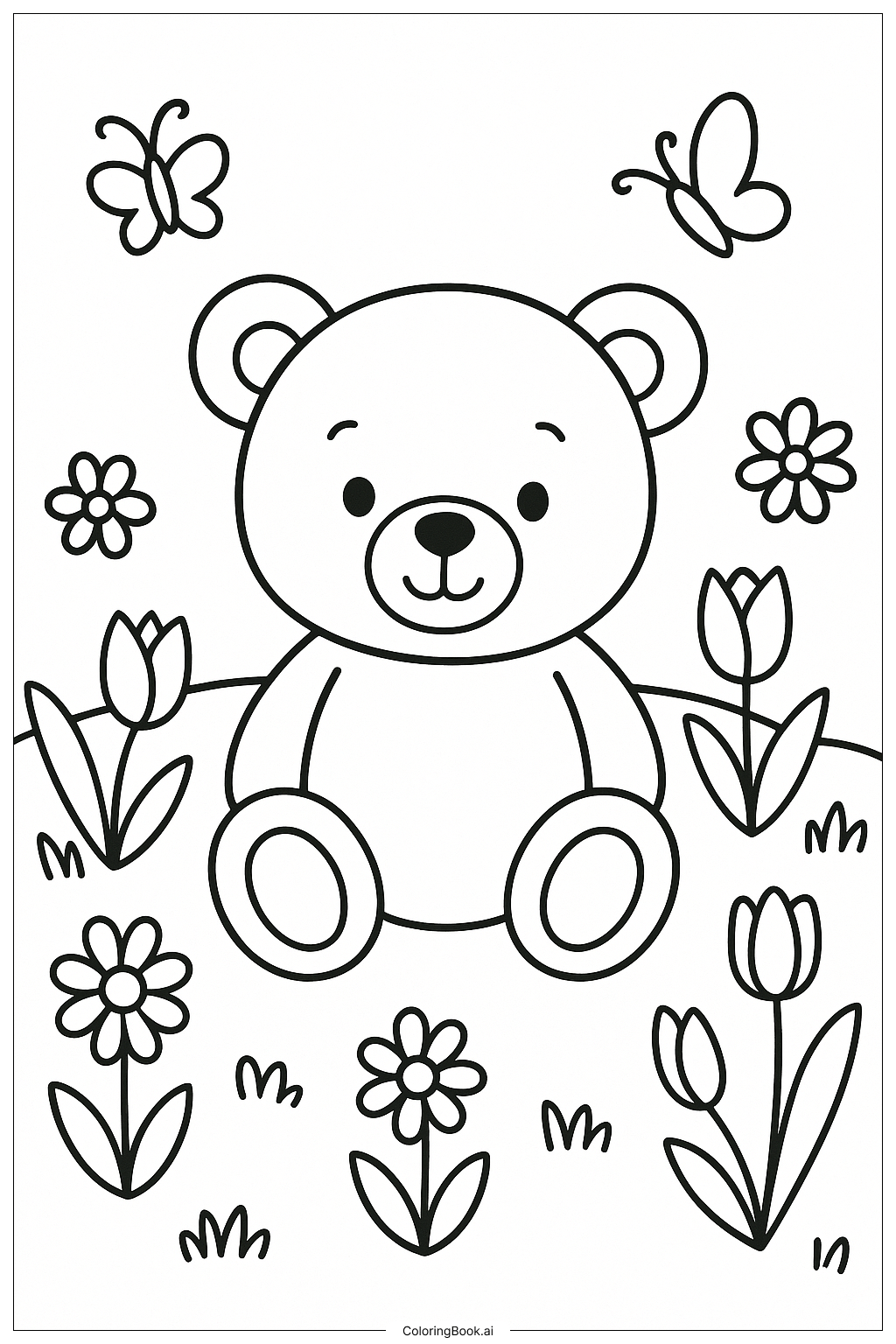  Teddy Bear Surrounded By Spring Flowers Coloring Page 