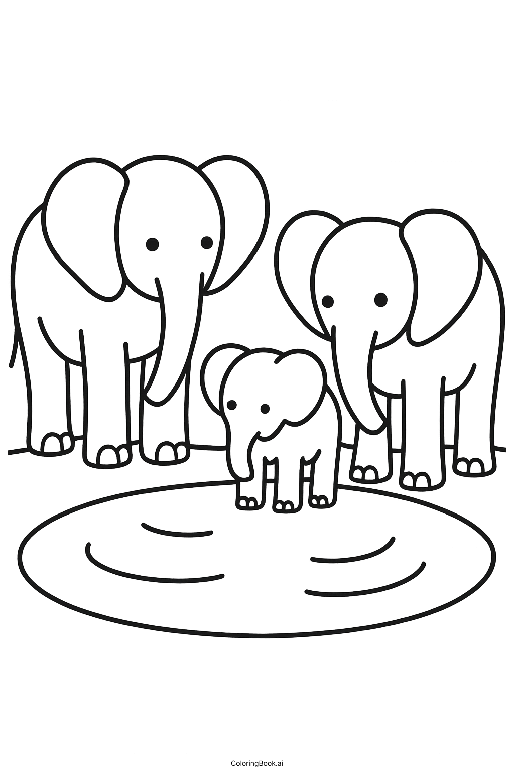  Elephant Family at Waterhole Coloring Page 