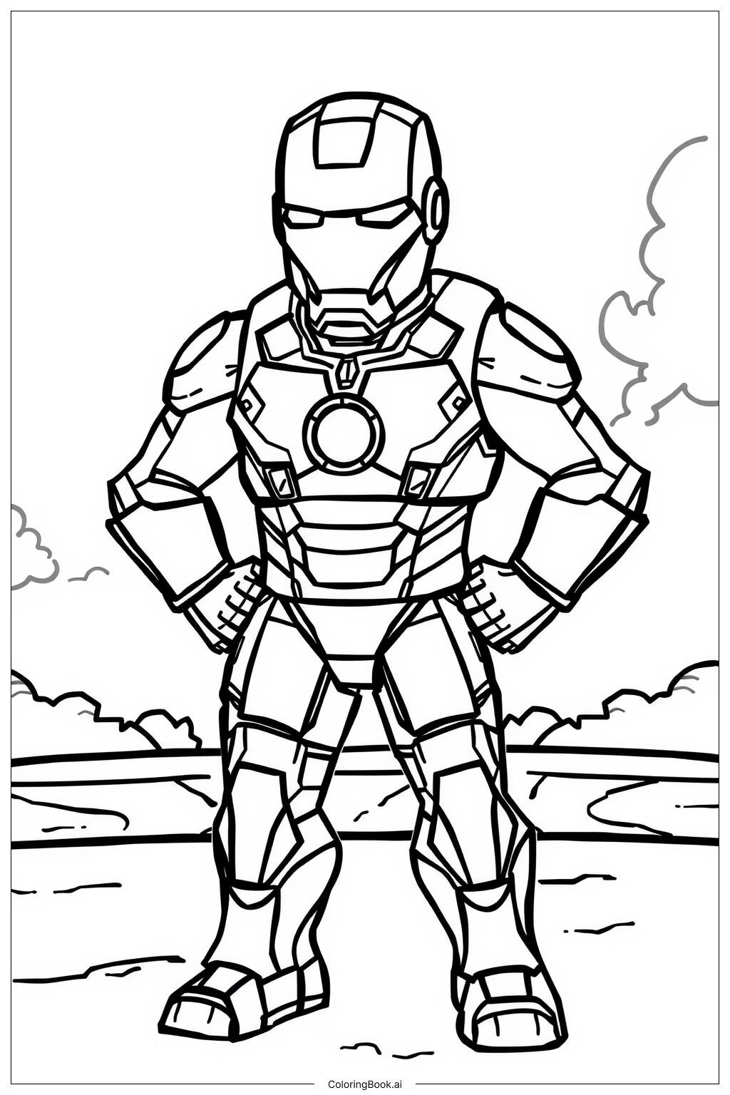  Página para colorear de Iron Man De Pie Heroicamente 