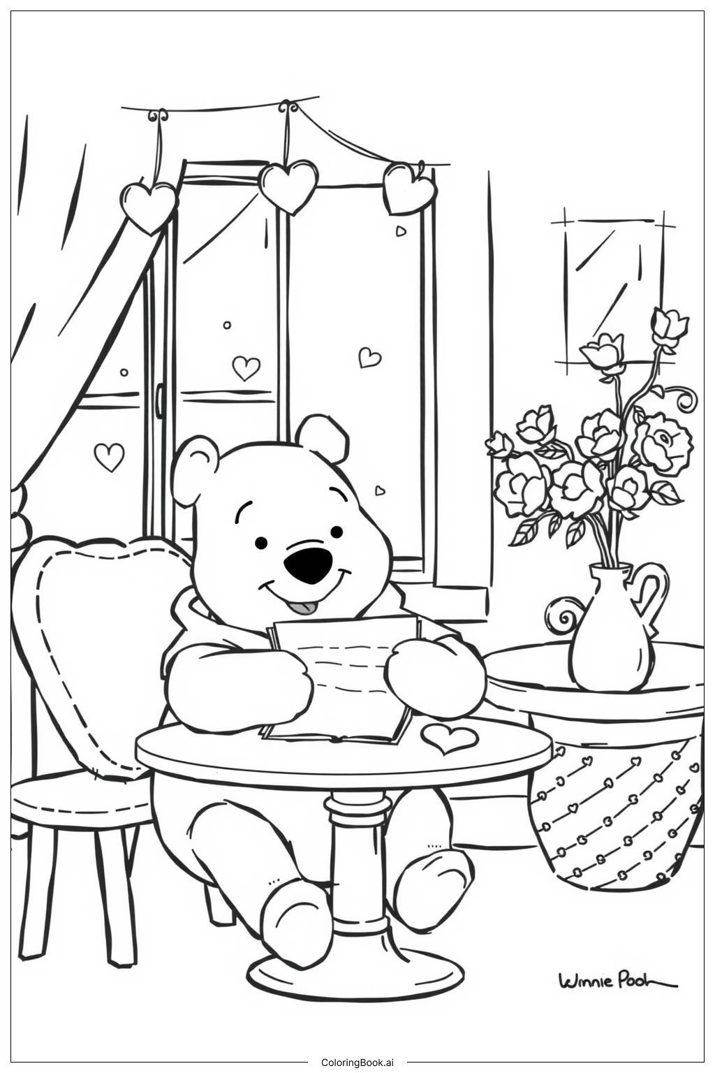  Página para colorear de Mensaje de carta de San Valentín de Winnie The Pooh 