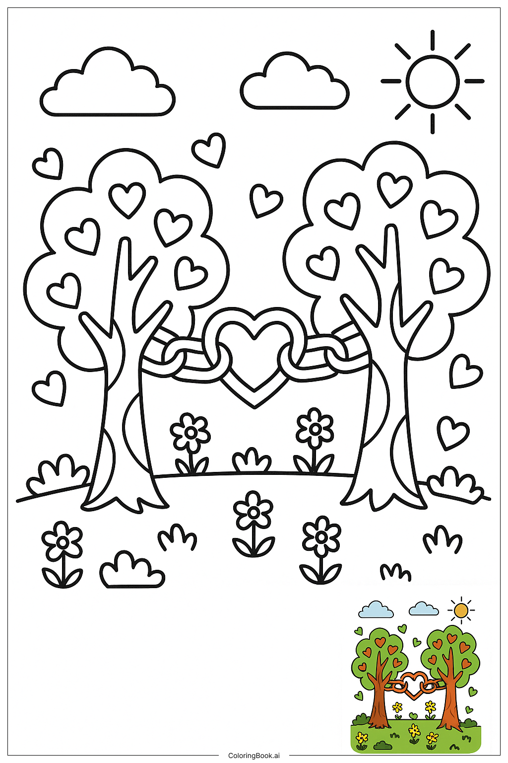 Página para colorear de Cadena de Corazones que Une Árboles 