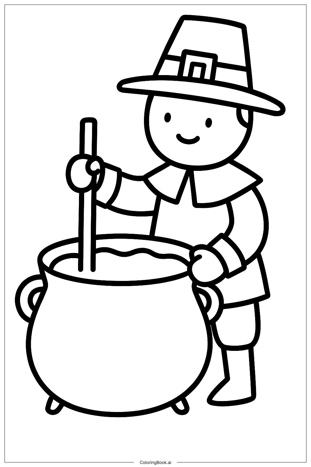  대형 냄비를 저어주는 순례자 색칠공부 페이지 