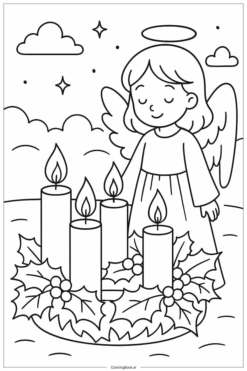  Advent Wreath with Angel Watching Ausmalseite 