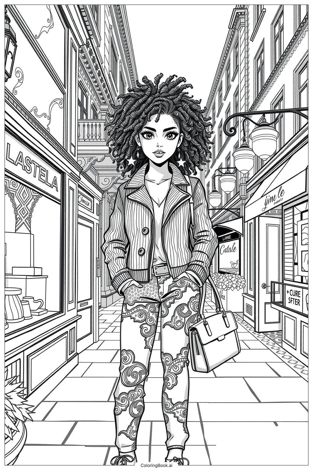  Black Girl in a Fashionable Street Scene Coloring Page 