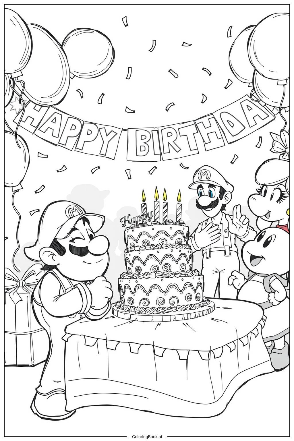  Page de coloriage Mario Célébrant un Anniversaire avec des Amis 