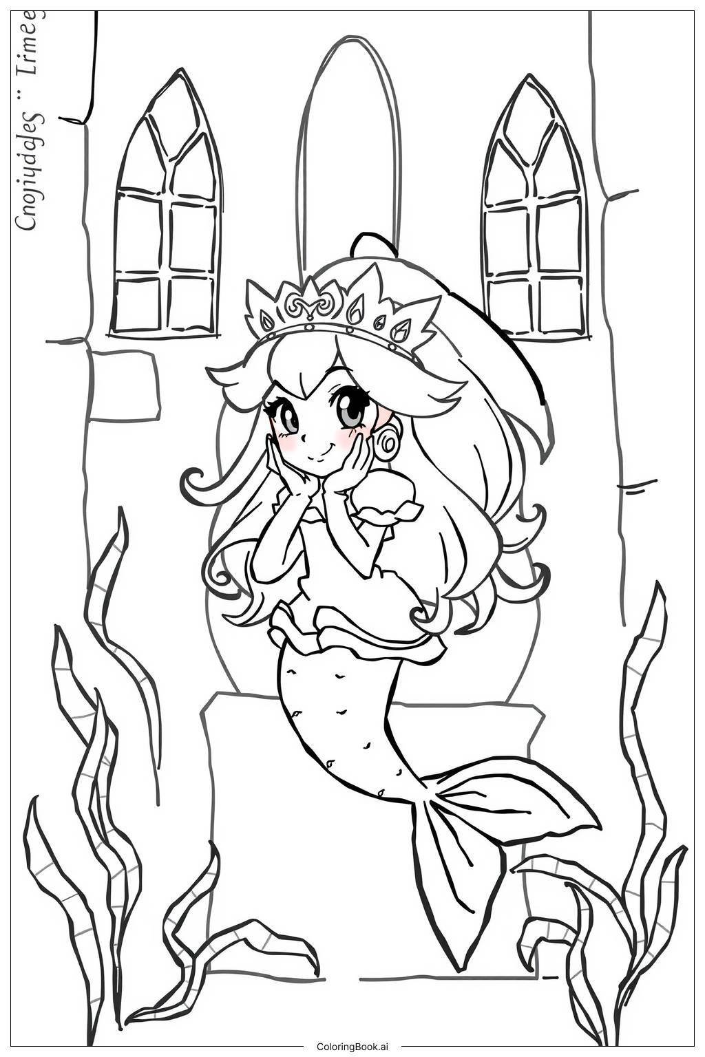  Page de coloriage La princesse Peach en sirène dans un château sous-marin 