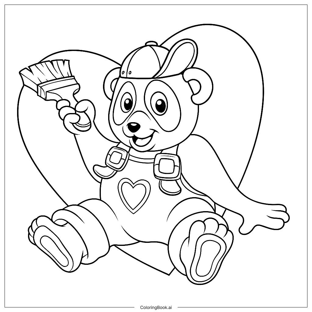  Page de coloriage Personnage Panda Avec Un Pinceau Sur Un Fond De Cœur Orange 