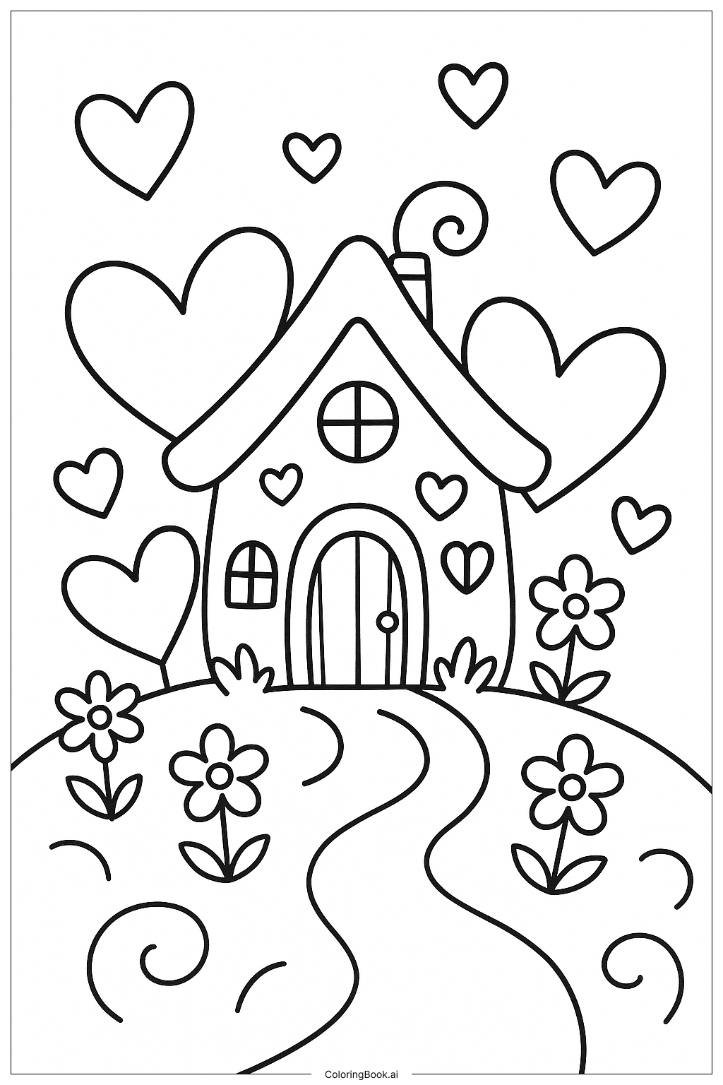  A Fairy House With Hearts and Flowers Coloring Page 
