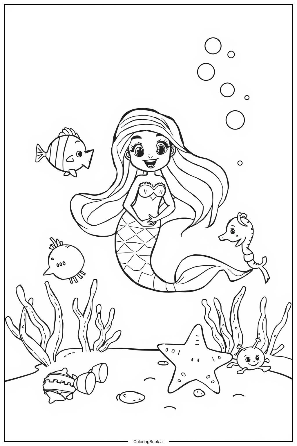  Page de coloriage Sirène et Animaux de Compagnie 