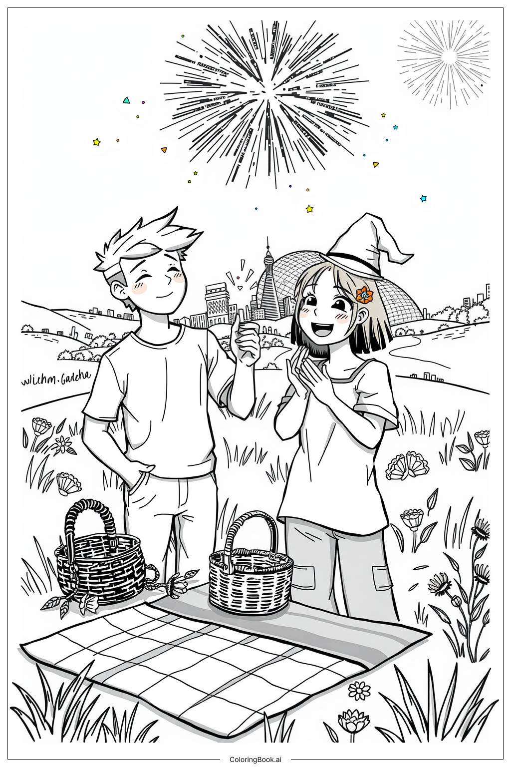  Fireworks and Fun Times with Loved Ones Coloring Page 