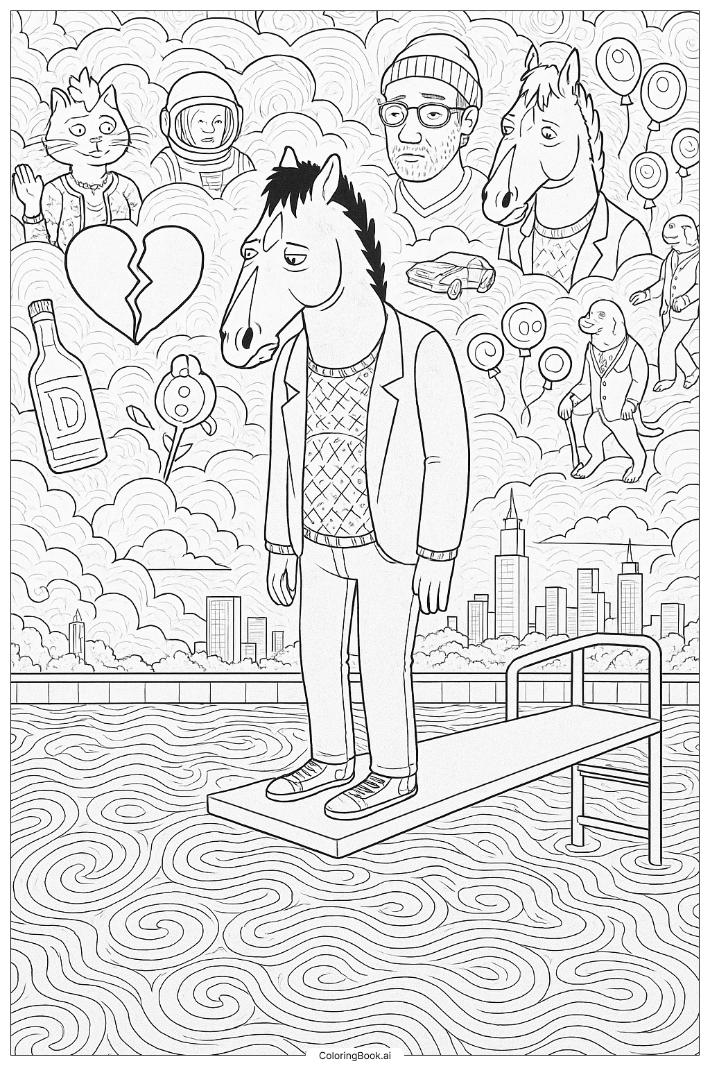  Page de coloriage La vue de Bojack Horseman depuis la moitié de la chute 