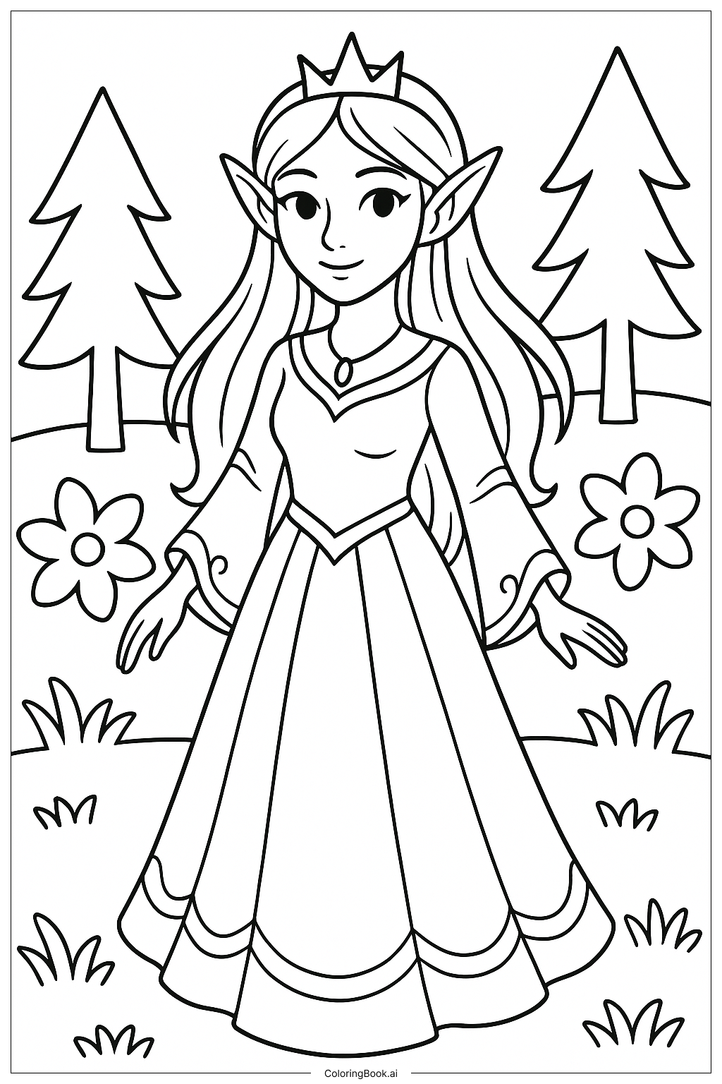  Página para colorir de Princesa Elfa com uma Coroa Simples 