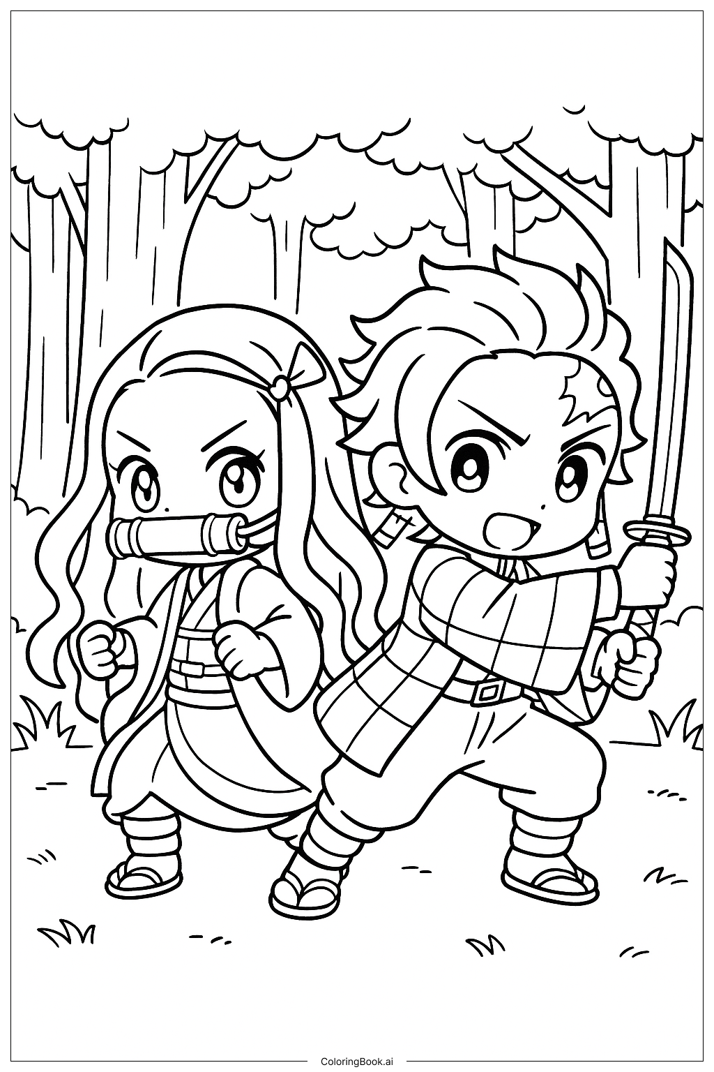  Página para colorear de Nezuko y Tanjiro luchando juntos 