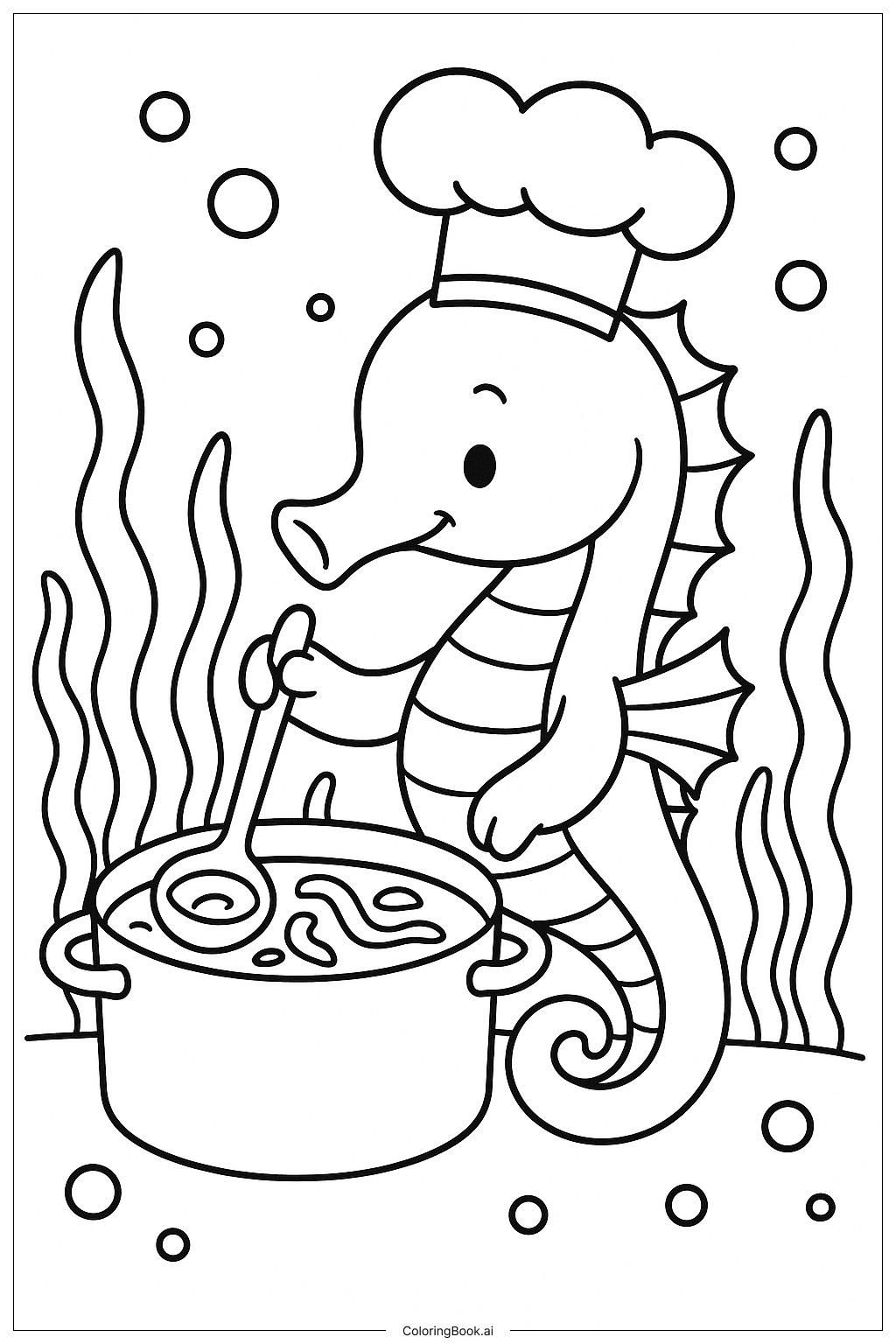 Página para colorear de Un Caballito de Mar Chef Cocinando Sopa de Algas