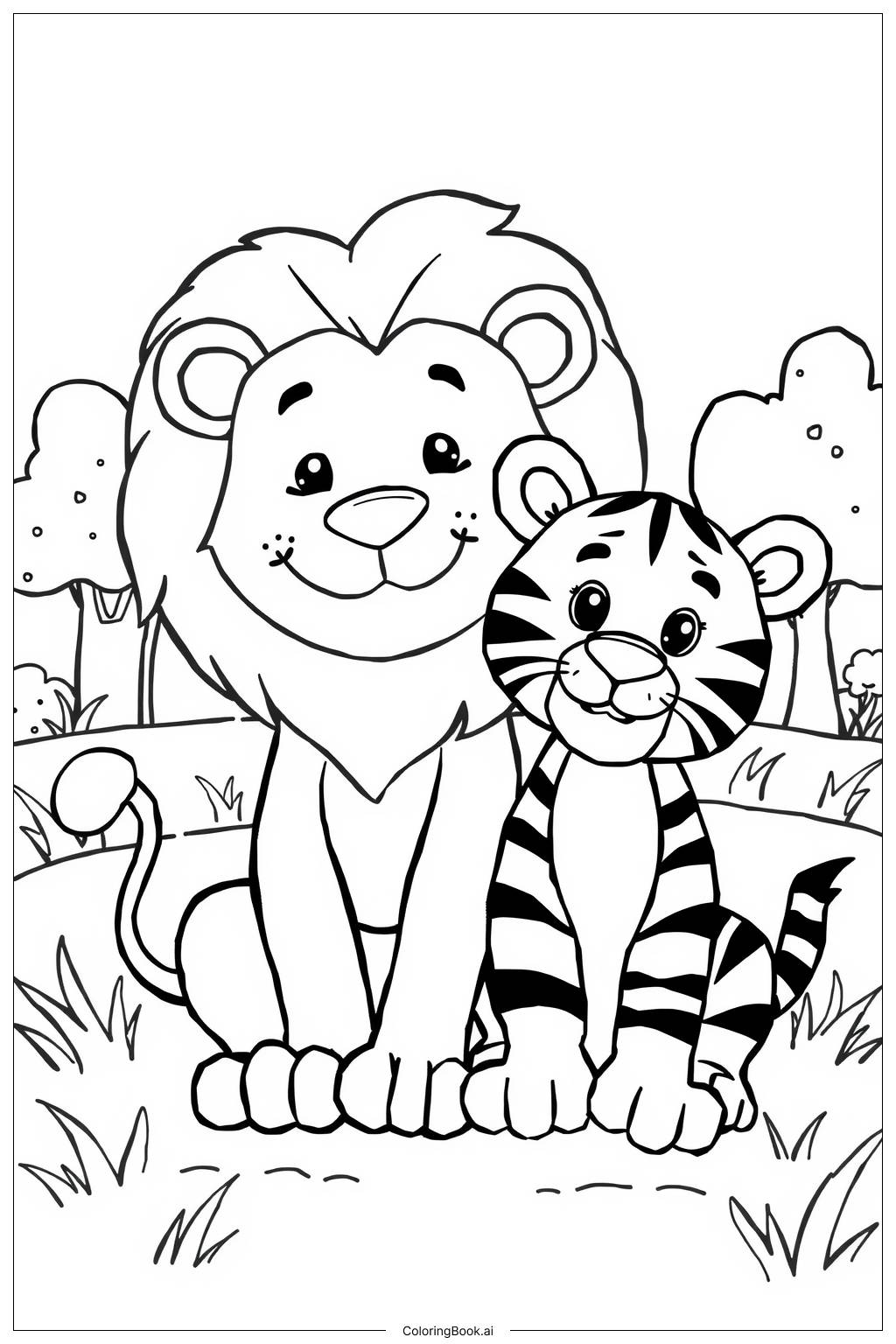  Página para colorir de Dupla Leão e Tigre 