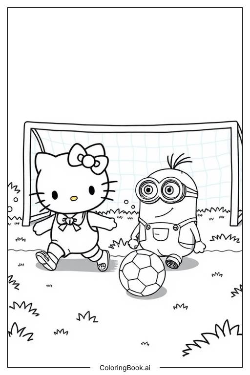  minion playing soccer with hello kitty Coloring Page 