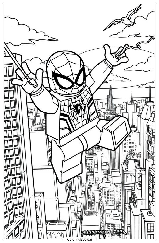  Lego Spider-Man Swinging Through the City Coloring Page 