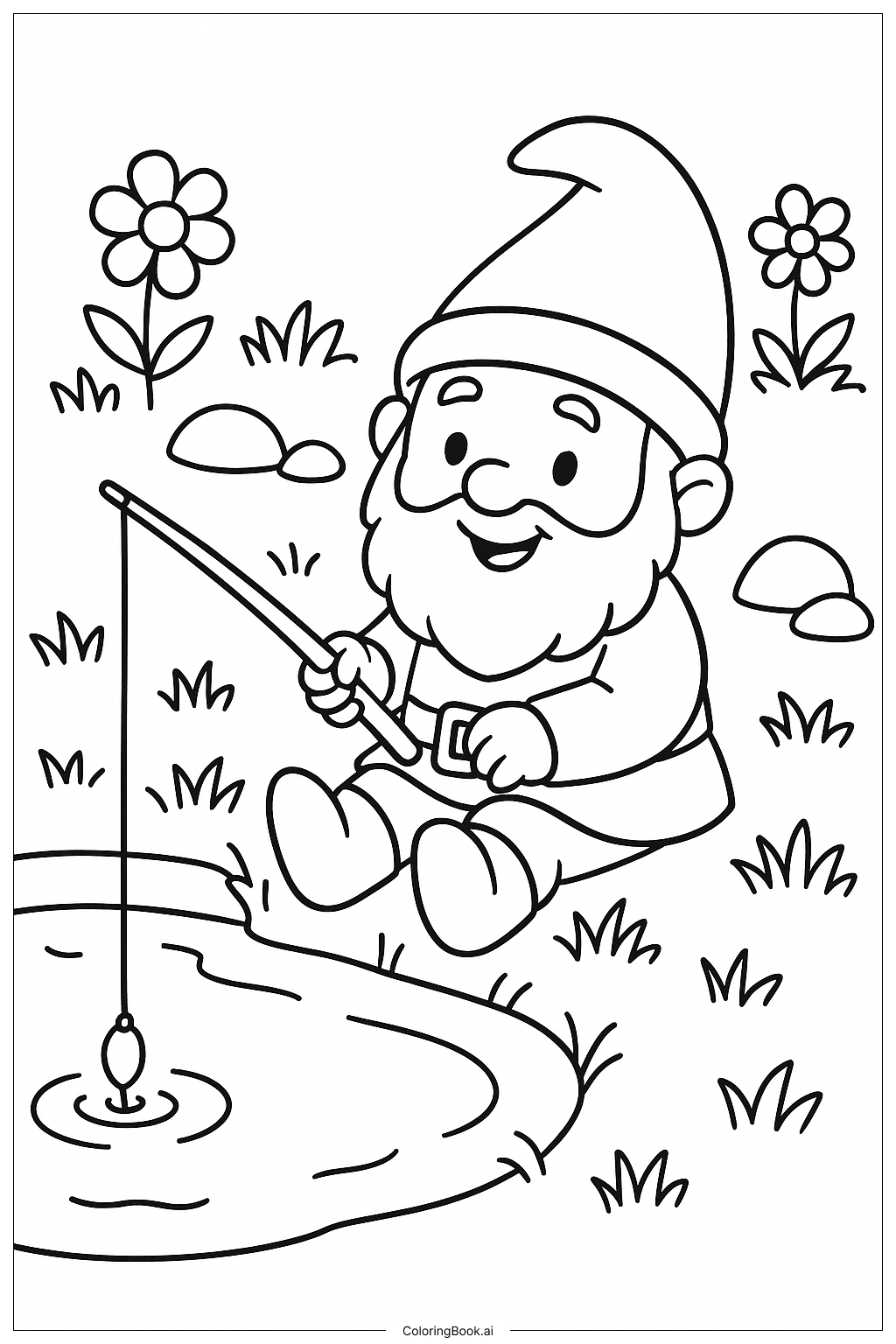  Página para colorir de Um Gnomo de Jardim Pescando em um Lago 