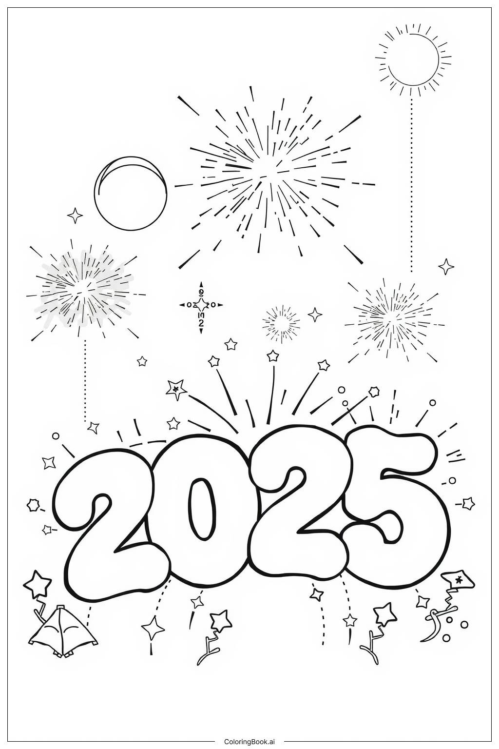  Fireworks with 2025 Bubble Words-2 Coloring Page 