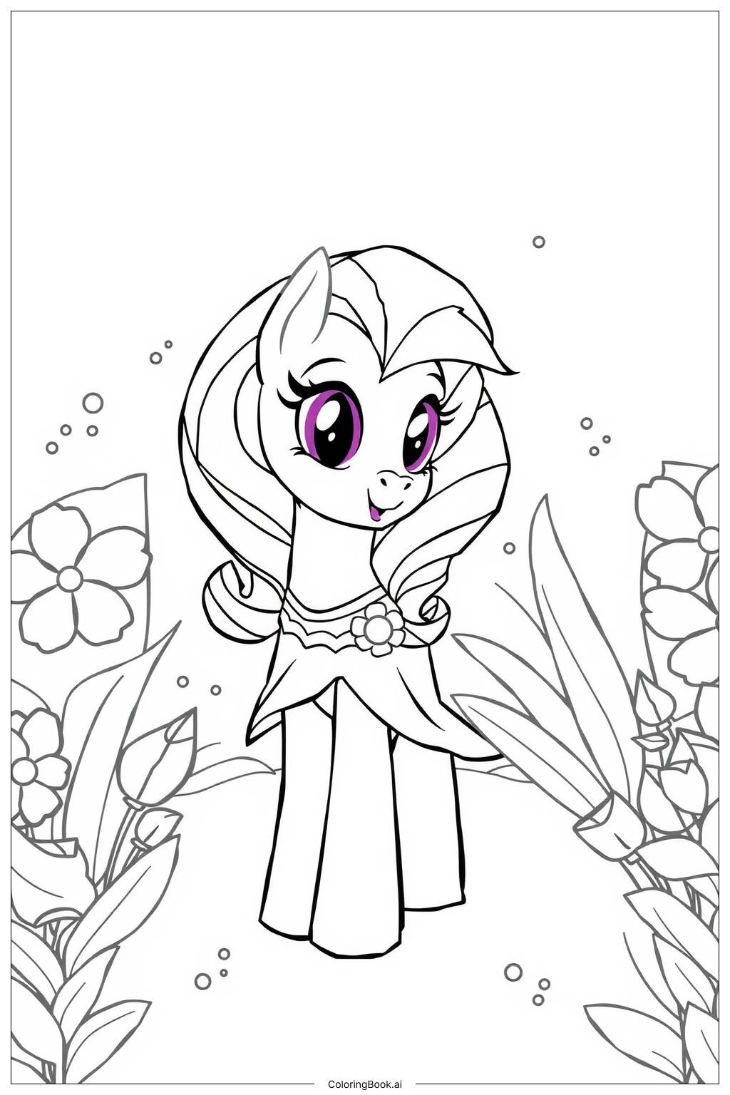  Page de coloriage Mon petit poney Rarity dans un jardin 