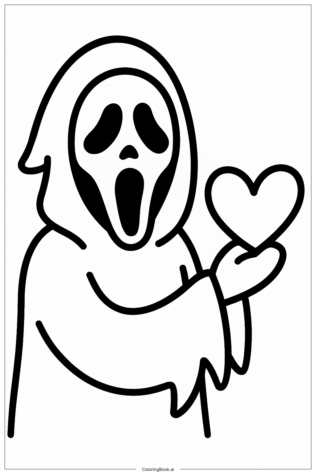 Página para colorear de Ghostface con un Corazón de Dibujo Animado 