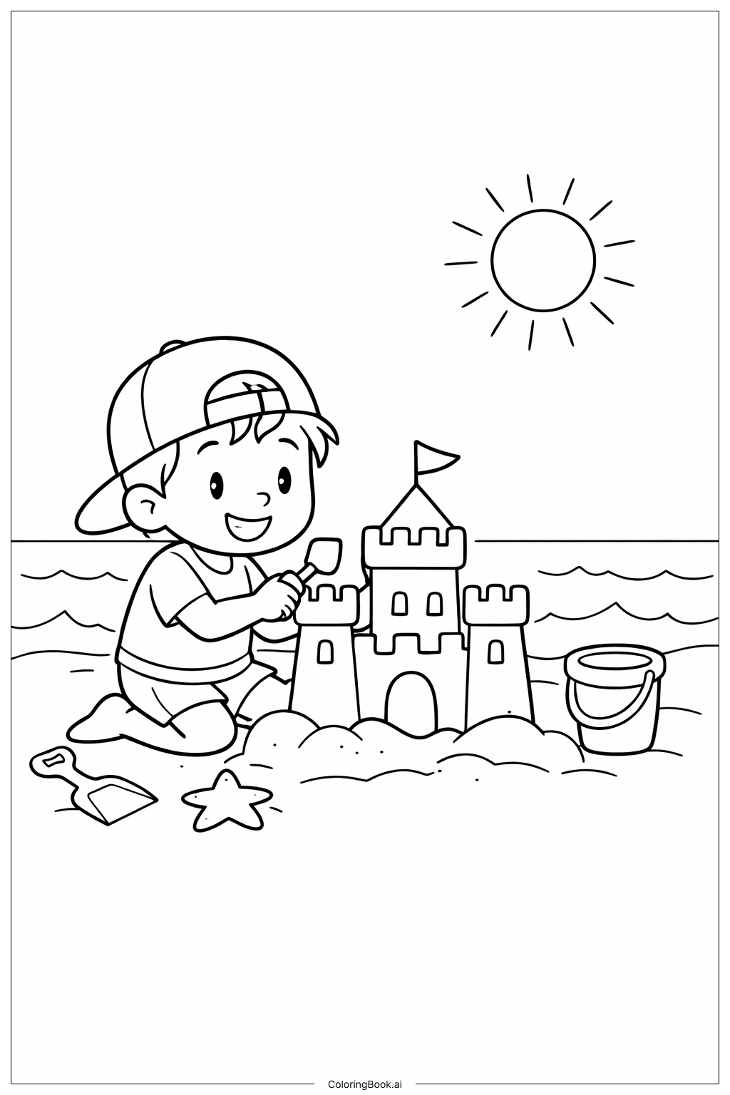  Page de coloriage Personnage Château de Sable sur la Plage 