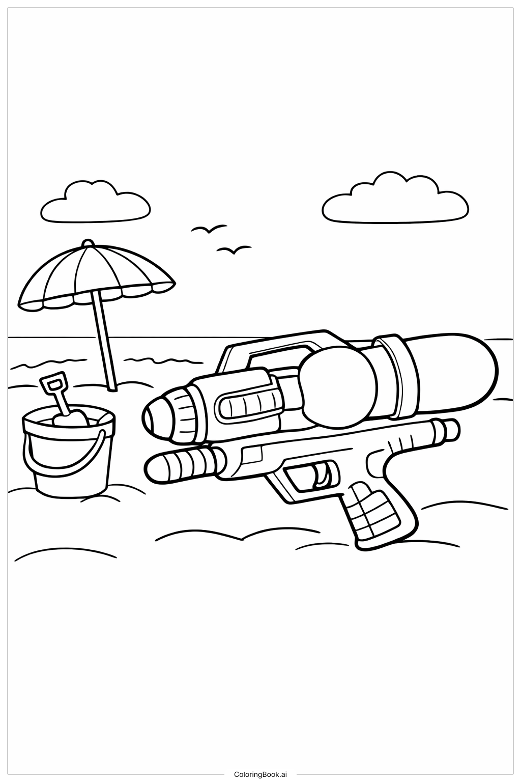  Page de coloriage Jeu au pistolet à eau sur la plage 