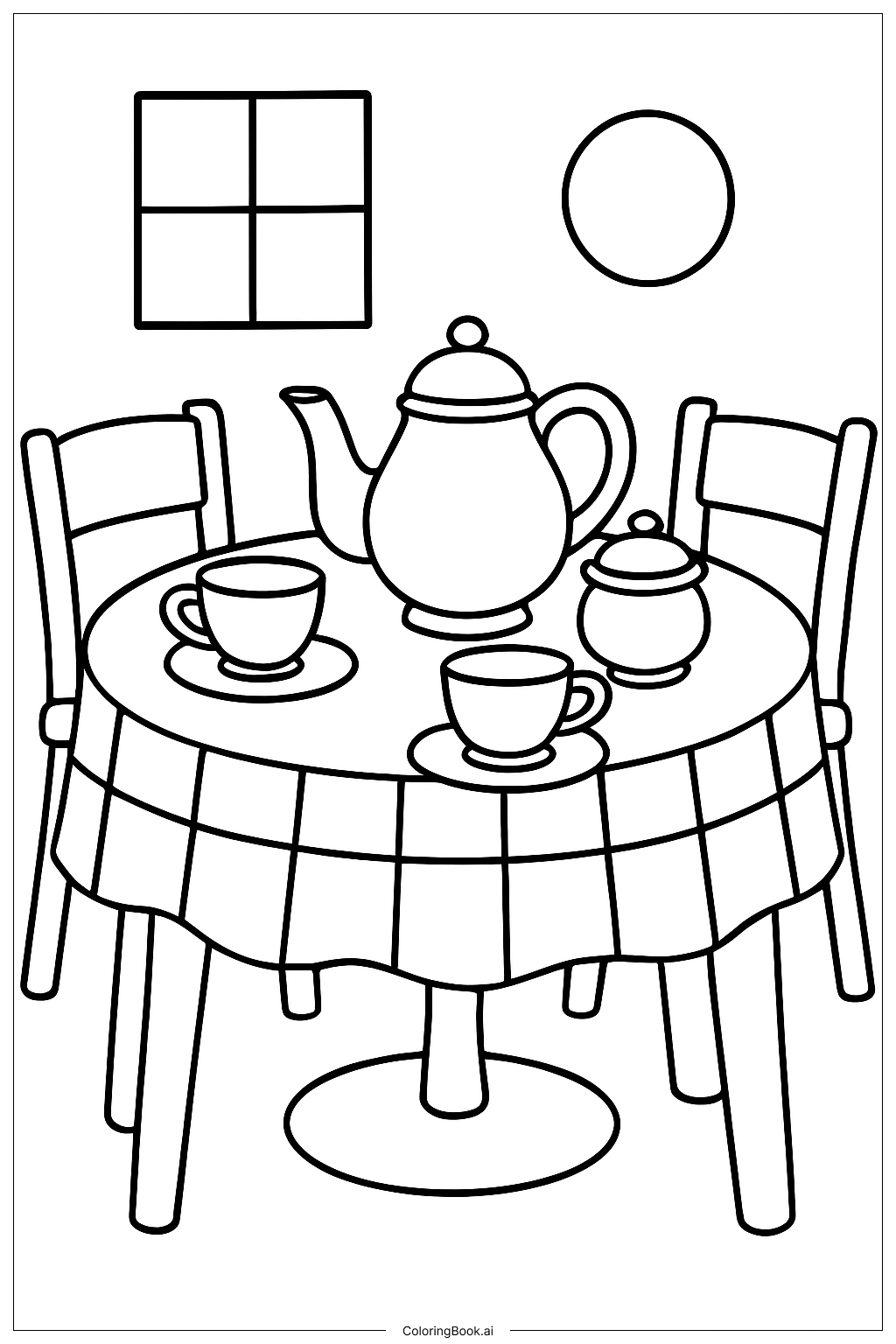  Page de coloriage Service à thé La Belle et la Bête sur table 