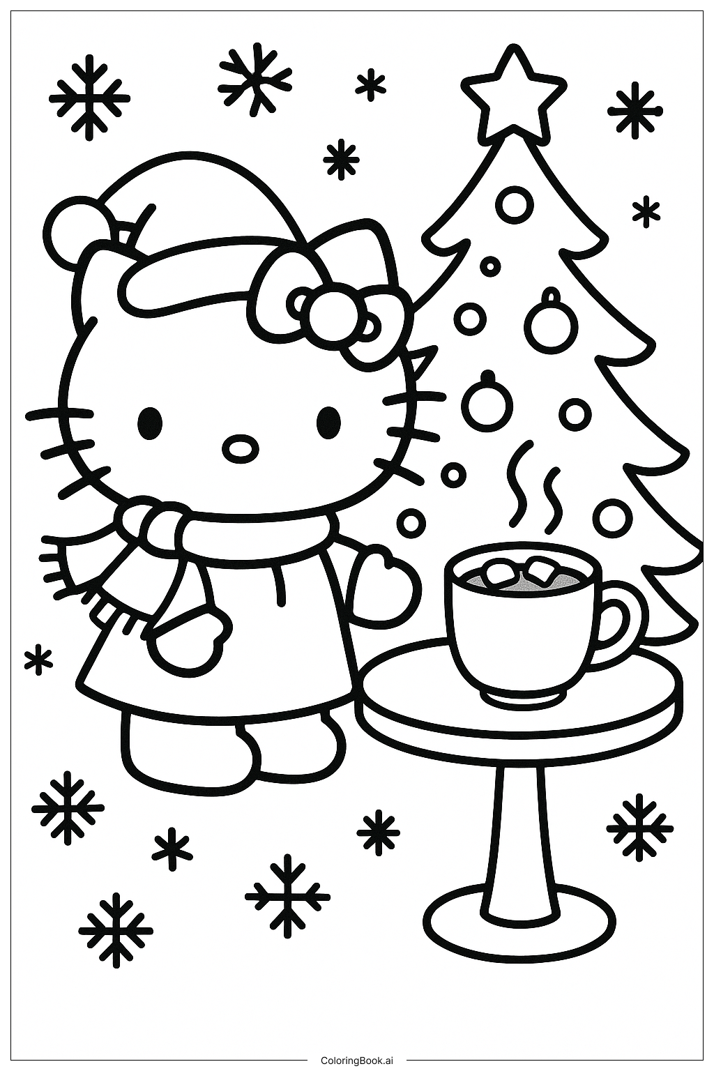  Hello Kitty Serving Hot Christmas Cocoa Coloring Page 