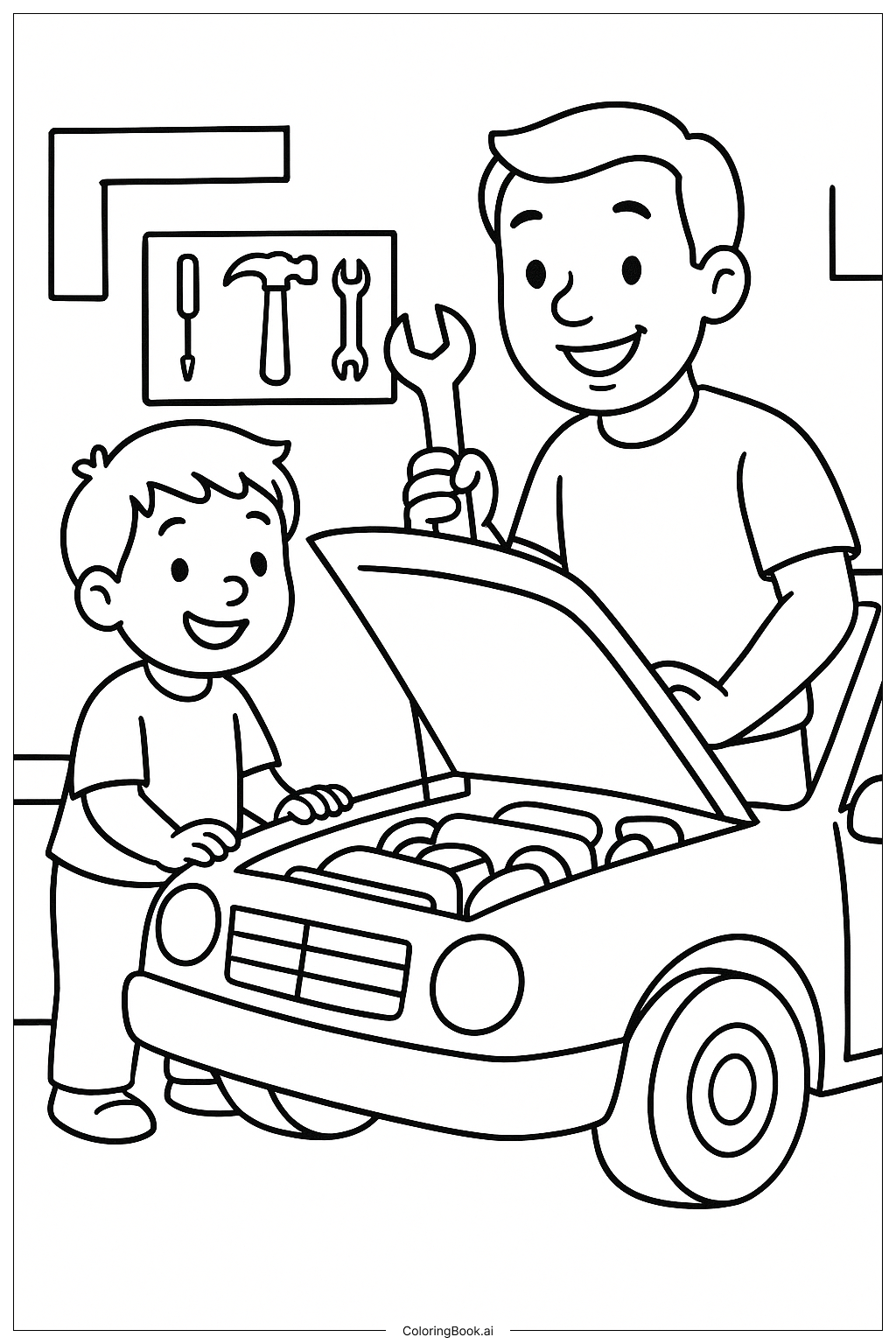 Fixing A Car With Dad On Fathers Day Coloring Page