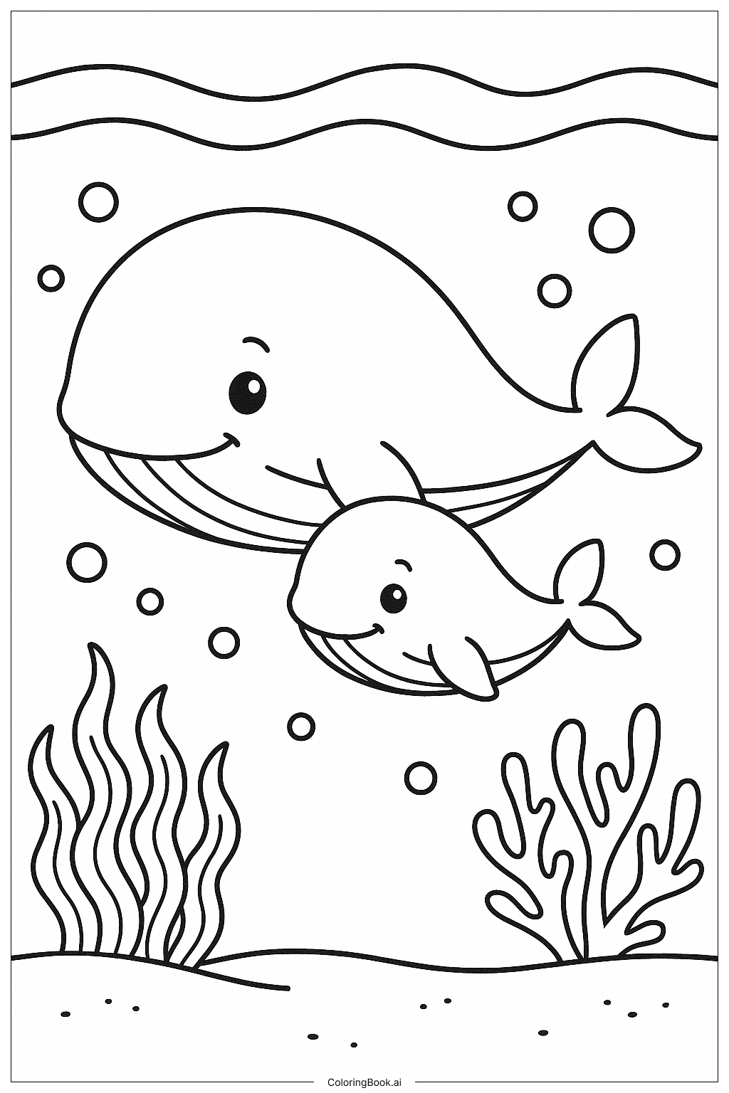 Wal und Babykalb unter dem Meer Ausmalseite