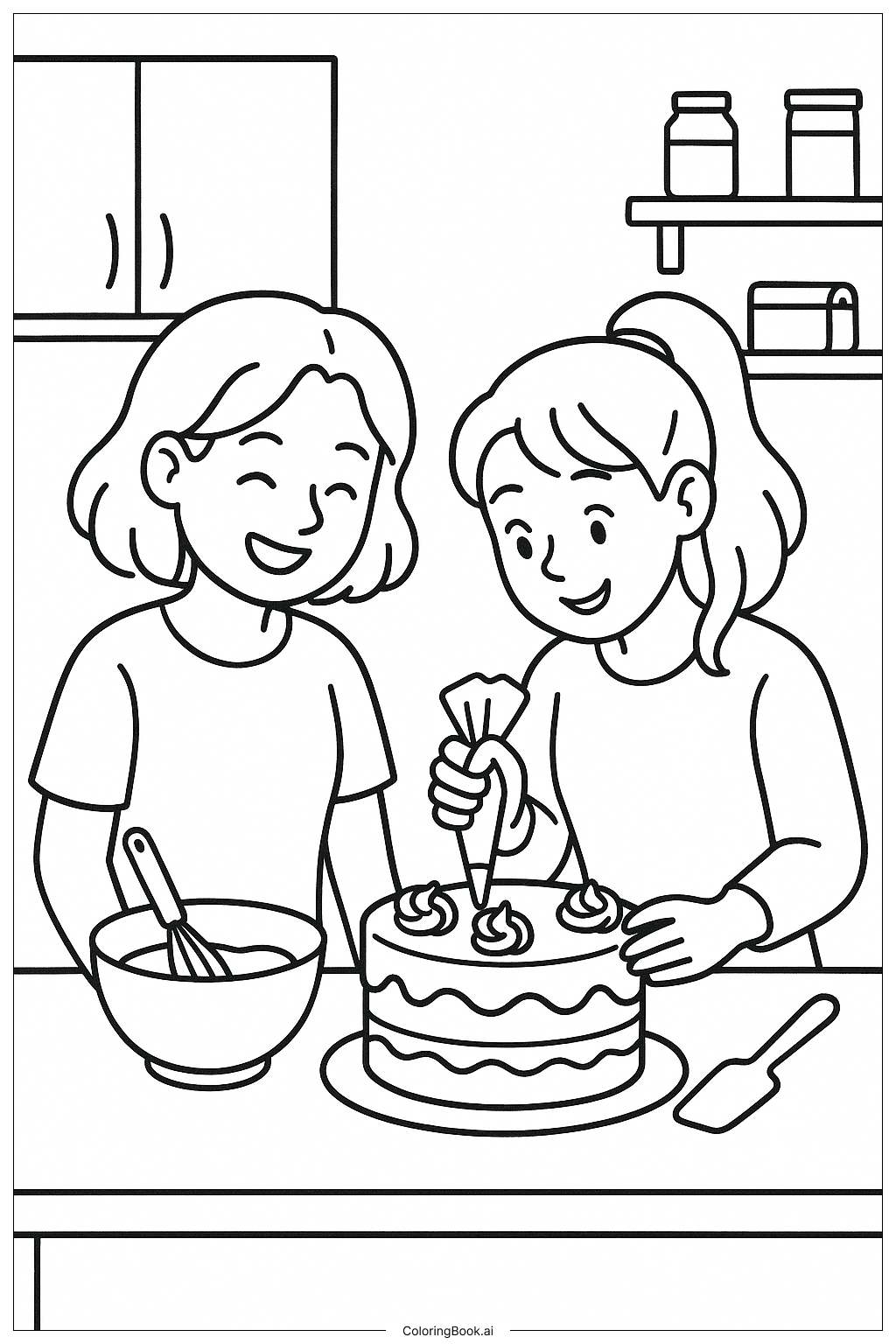 親友とケーキ作りの塗り絵ページ